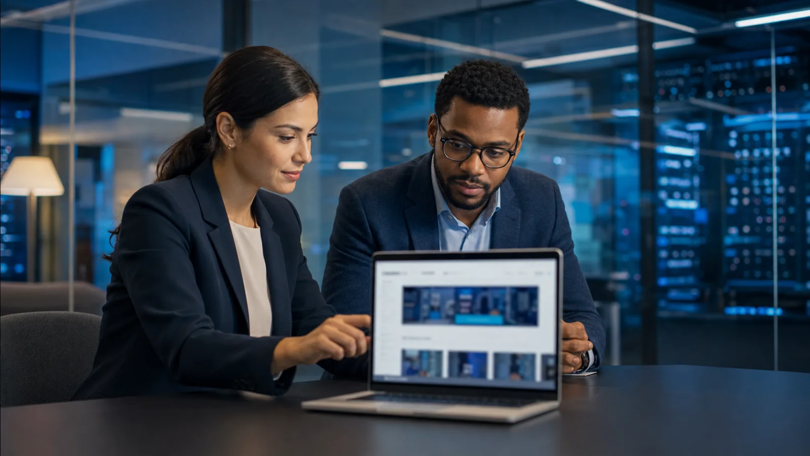 Equipo profesional revisando una página web corporativa en oficina tecnológica