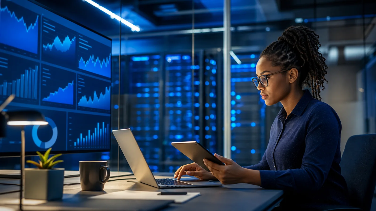 Especialista SEO revisando métricas y analítica digital para posicionamiento web